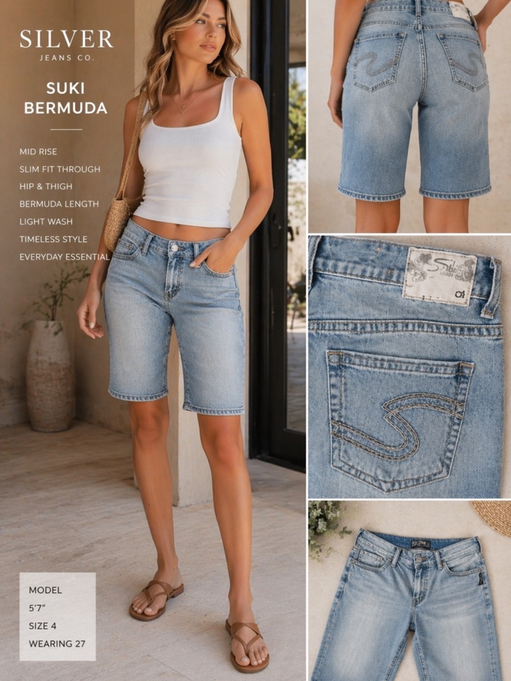 Silver Jeans Co Suki Bermuda Shorts W31 Light Wash Y2K Distressed Summer CC4
